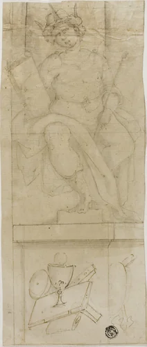 Seated Figure with Crown, Holding Sceptre and Book, with Host Below by Lazzaro Tavarone, drawing, 1576-1641