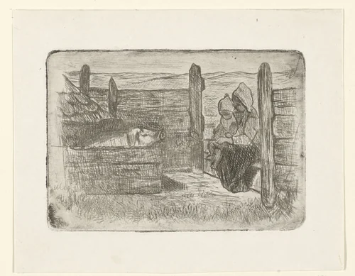 Kinderen bij het varkenskot by Jozef Israëls, print, 1835-1888