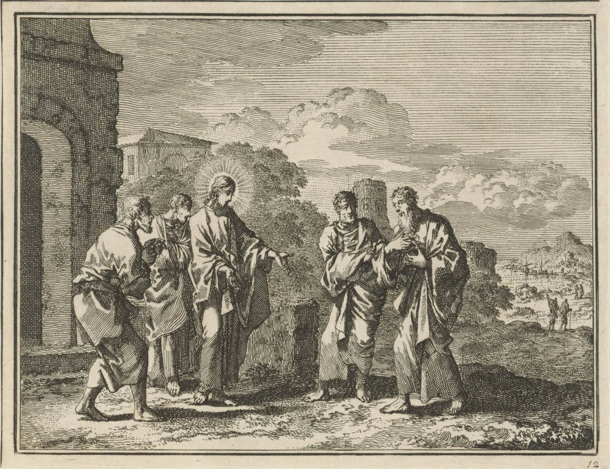 Nathanaël wordt door Philippus tot Christus gebracht by Jan Luyken, print, 1712