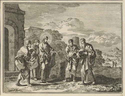 Nathanaël wordt door Philippus tot Christus gebracht by Jan Luyken, print, 1712