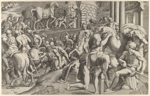 The Trojans hauling the wooden horse into Troy by Giulio Bonasone, print, 1545