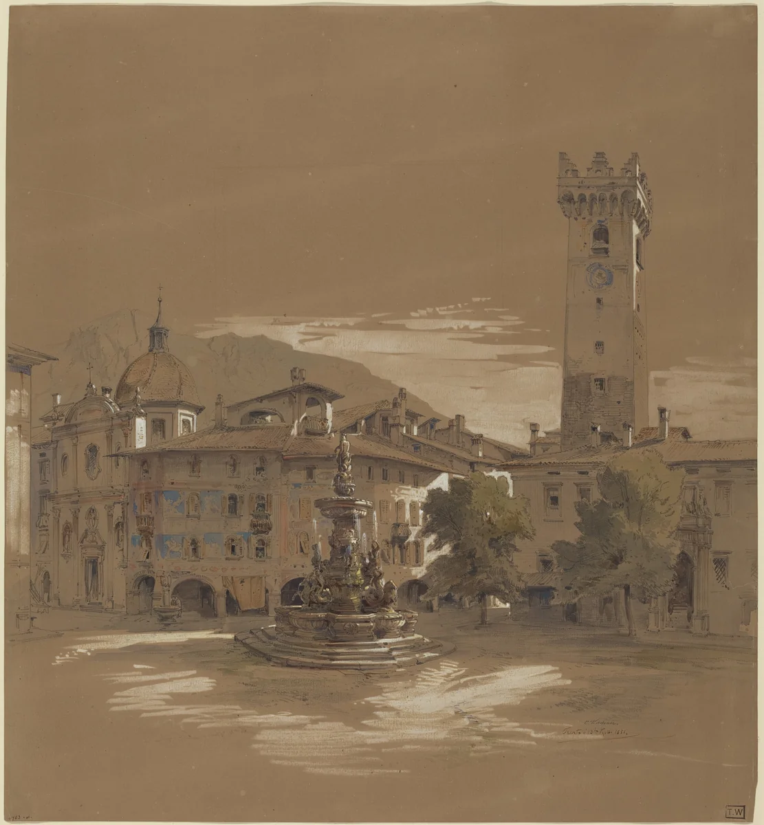 View of Trento by Albert Emil Kirchner, drawing, 1813-1885