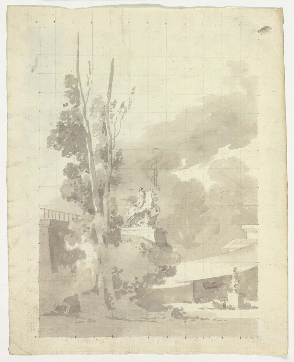 View of the Park at Versailles: Terrace, Trees and Equestrian Statue by Pierre Antoine Mongin, drawing, 1781-1827
