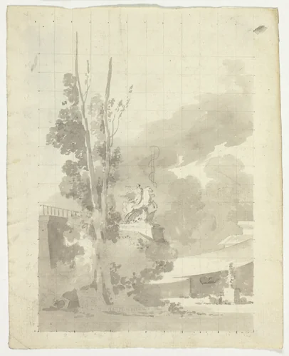 View of the Park at Versailles: Terrace, Trees and Equestrian Statue by Pierre Antoine Mongin, drawing, 1781-1827