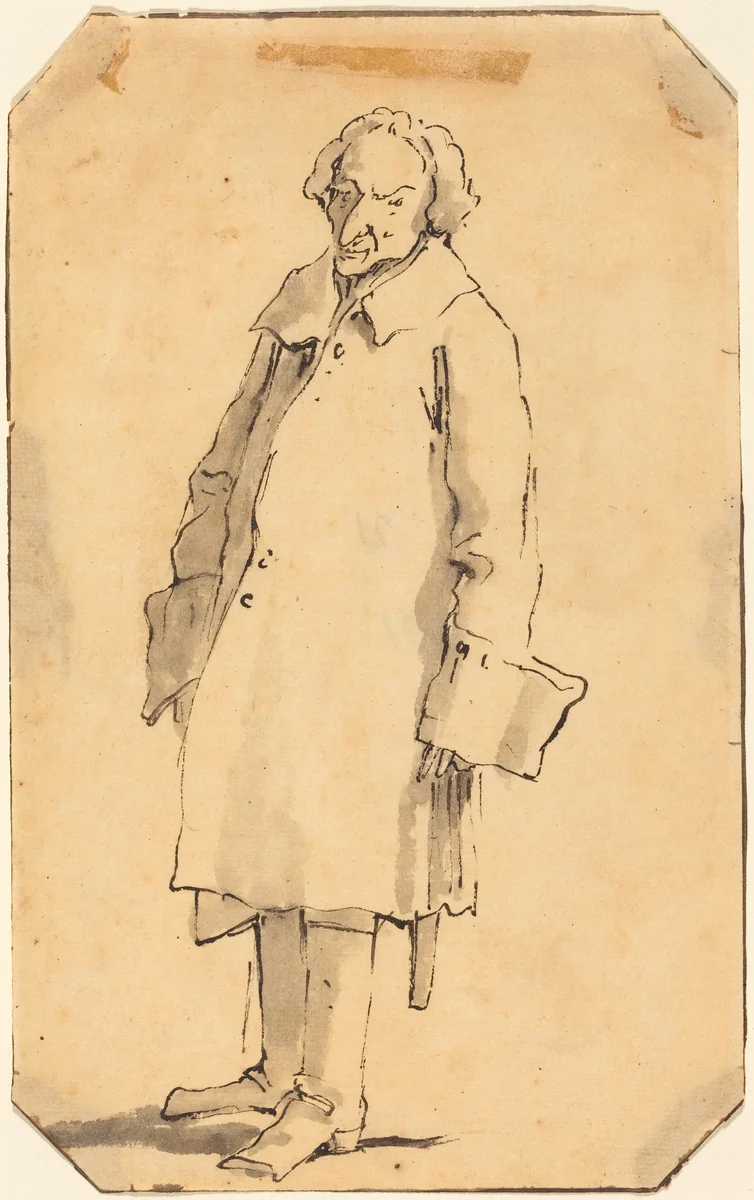 A Standing Man Wearing a Great Coat and Boots by Giovanni Battista Tiepolo, drawing, 1696-1770