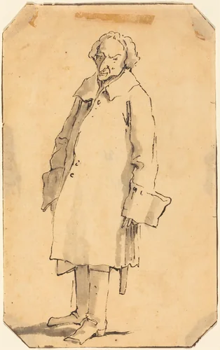 A Standing Man Wearing a Great Coat and Boots by Giovanni Battista Tiepolo, drawing, 1696-1770
