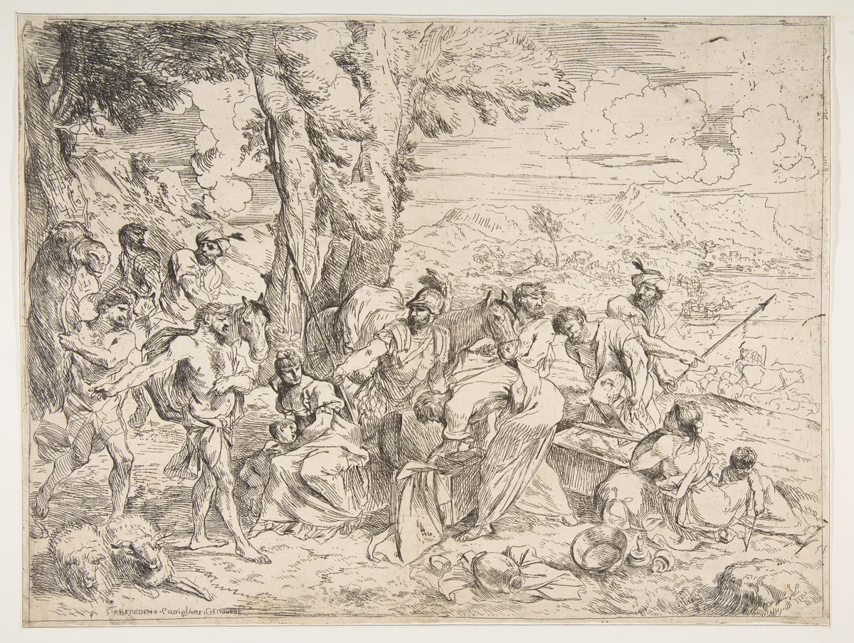 Laban searching for idols among Jacob's possessions by Giovanni Benedetto Castiglione, print, 1630-1640
