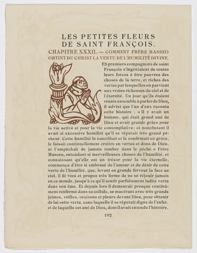 Pictorial initial (page 192) from Les Petites Fleurs de St. François (The Little Flowers of St. Francis) by Émile Bernard, illustrated book, 1928