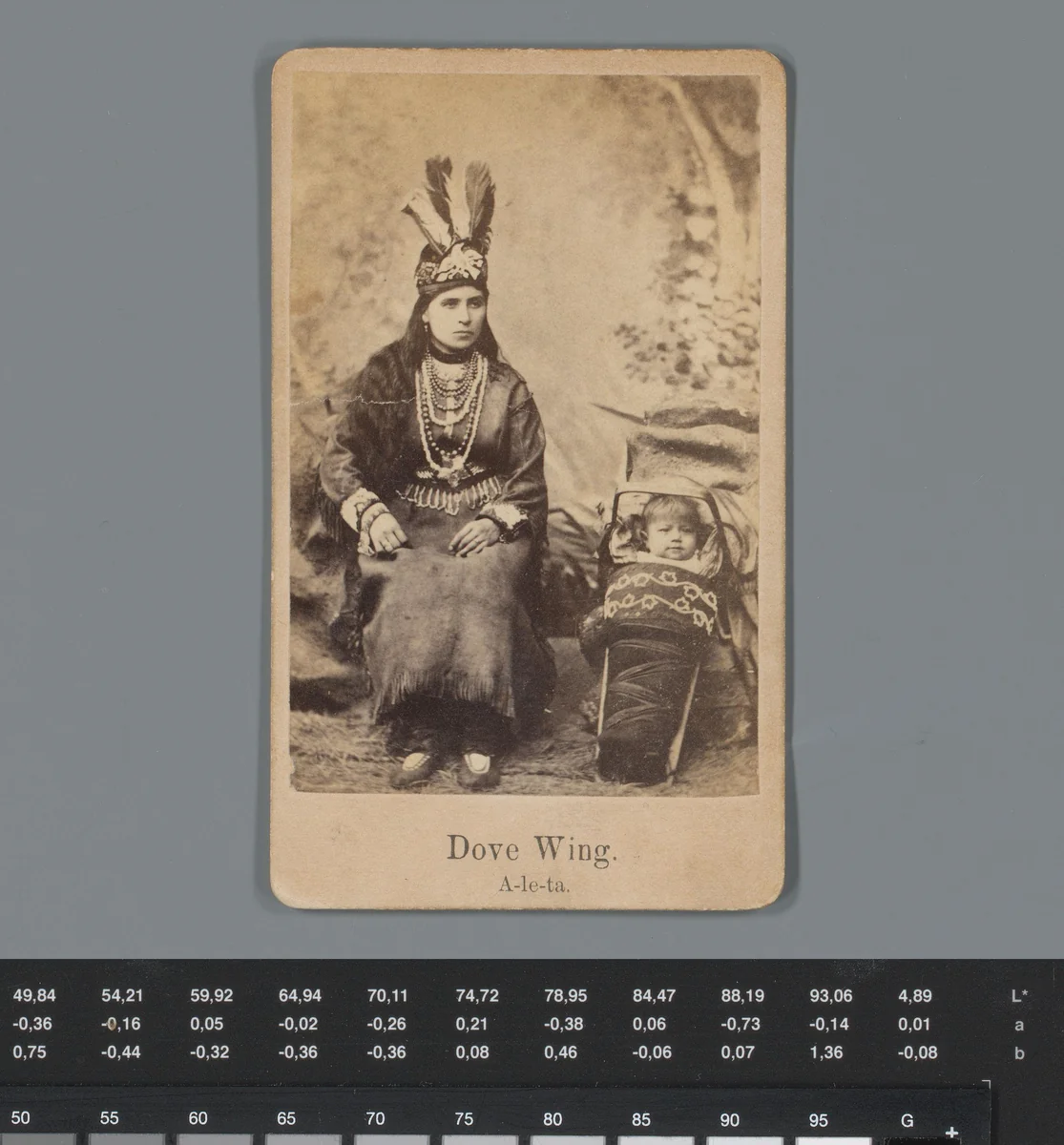 Reclame voor patentmiddel Modoc-olie met een portret van A-le-ta en haar baby by anonymous, photograph, 1850-1915