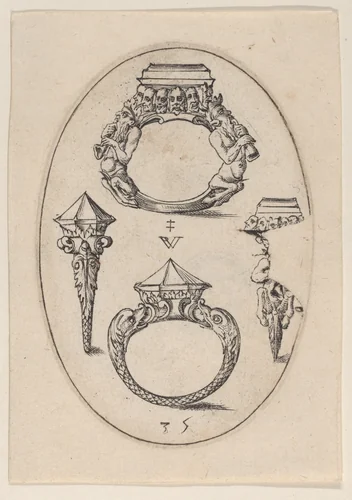 Designs for Four Rings, Plate 35 from 'Livre d'Aneaux d'Orfevrerie' by Pierre Woeiriot, print, 1561