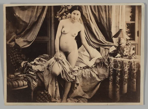 [Nude Standing by Bed] by Auguste Belloc, photograph, 1852-1856