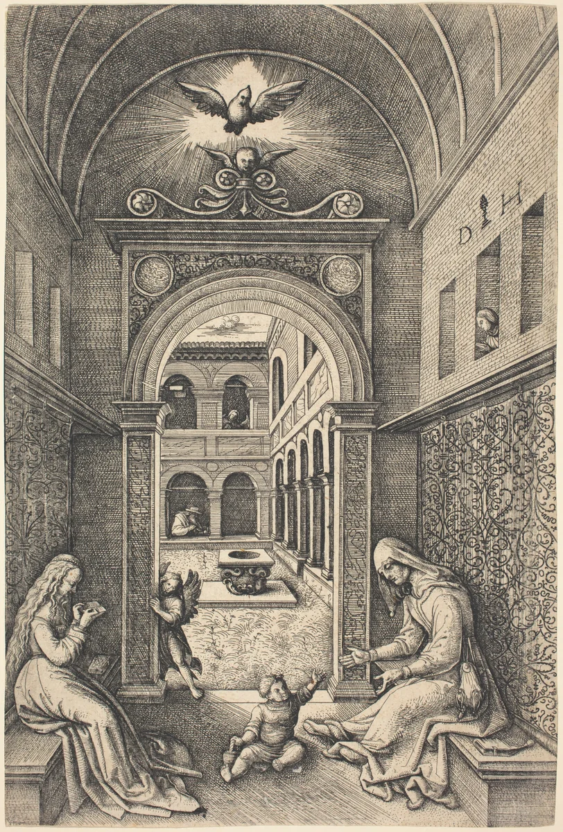 The Virgin and Child with Saint Anne by a Portal by Daniel Hopfer, print, 1520-1529