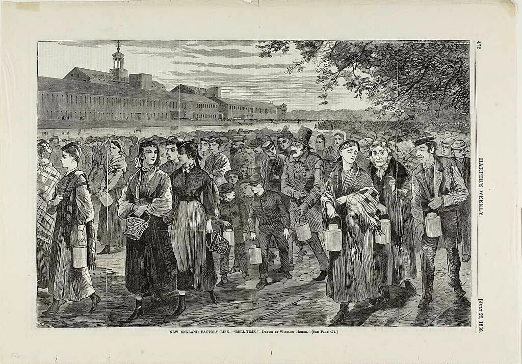New England Factory Life—"Bell Time" by Winslow Homer, print, 1868