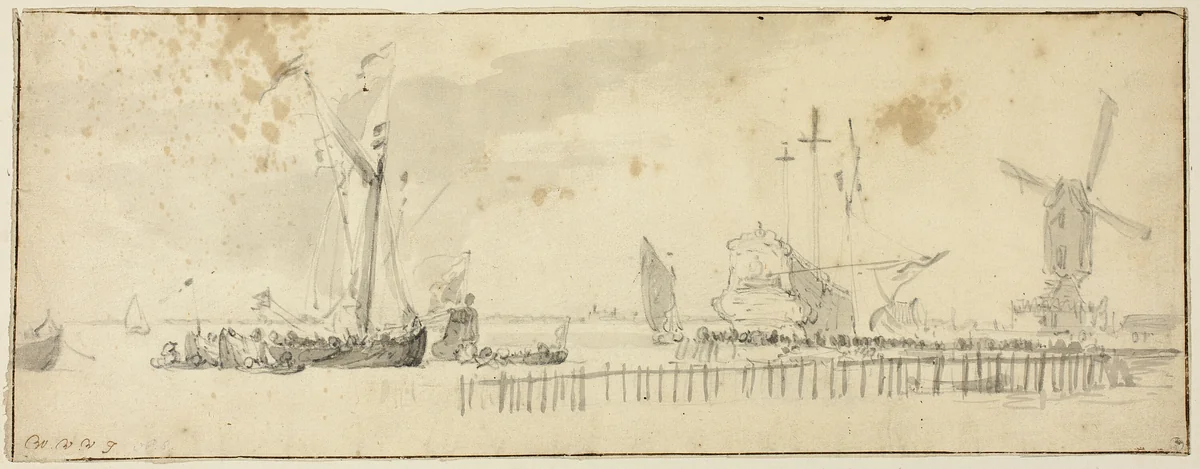 Sailing Ships in Harbor near Windmill by Willem van de Velde, drawing, 1653-1707