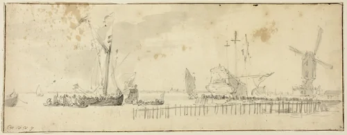 Sailing Ships in Harbor near Windmill by Willem van de Velde, drawing, 1653-1707