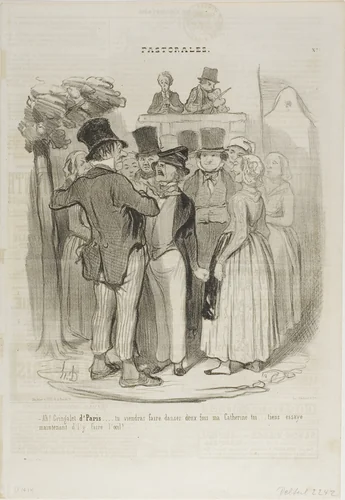 “- So, Gringalet from Paris!.... you will dance twice with my Catherine ...... try again now to make sheep's eyes at her,” plate 27 from Pastorales by Honoré-Victorin Daumier, print, 1845