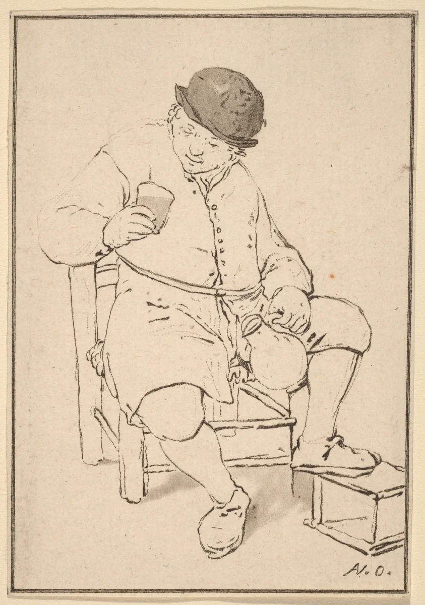 Seated Peasant with Jug by Cornelis Ploos van Amstel; Adriaen van Ostade, print, 1763