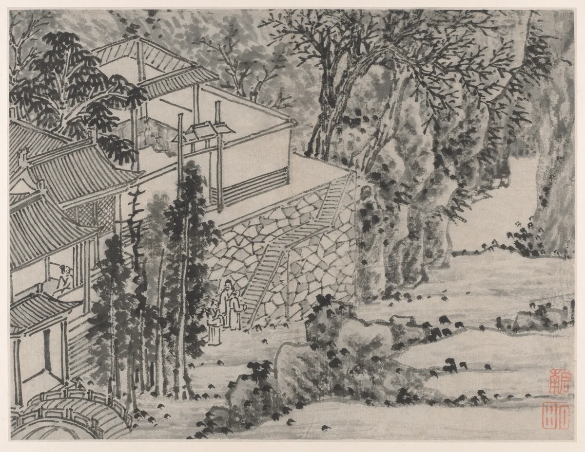 The Enlightened Stone Retreat, from Twelve Views of Tiger Hill, Suzhou by Shen Zhou (沈周), painting, 1491-1509