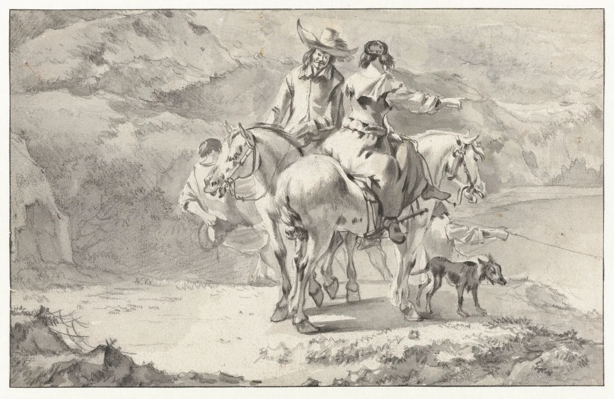 Couple on Horseback at a Mountain Lake by Abraham Jansz Begeyn, drawing, 1656
