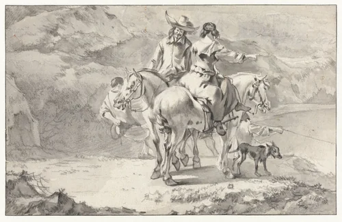 Couple on Horseback at a Mountain Lake by Abraham Jansz Begeyn, drawing, 1656