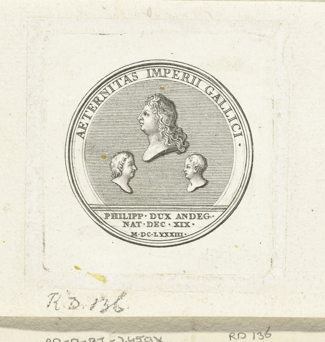 Penning met drie bustes by Gerard Edelinck, print, 1702