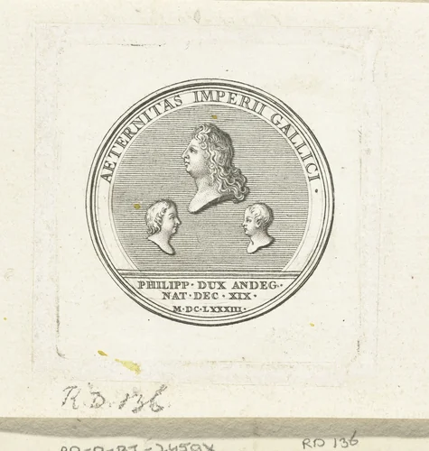 Penning met drie bustes by Gerard Edelinck, print, 1702