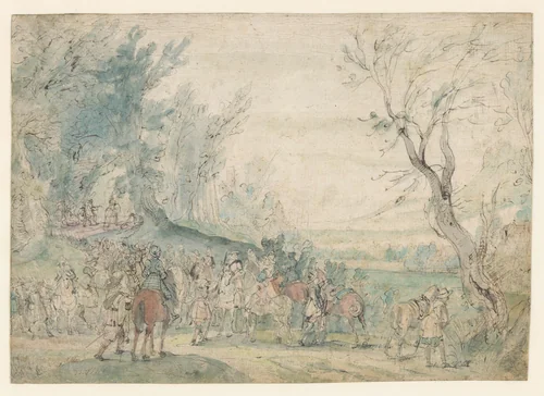 Gewapende ruiters bij een boszoom by Hermitage Meester, drawing, 1615-1635