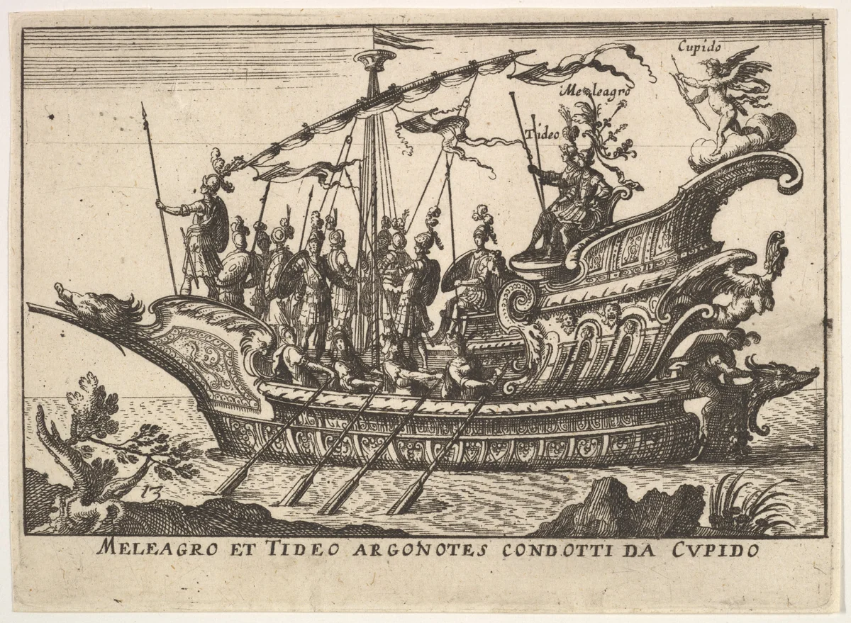 Plate 13: Argonauts Meleager and Tydeus led by Cupid (Meleagro et Tideo Argonotes condotti da Cupido), from "The magnificent pageant on the river Arno in Florence for the marriage of the Grand Duke" (Le Magnifique carousel fait sur le fleuve de l'Arne a Florence, pour le mariage du Grand Duc) by anonymous, print, 1664