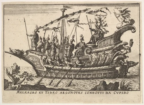 Plate 13: Argonauts Meleager and Tydeus led by Cupid (Meleagro et Tideo Argonotes condotti da Cupido), from "The magnificent pageant on the river Arno in Florence for the marriage of the Grand Duke" (Le Magnifique carousel fait sur le fleuve de l'Arne a Florence, pour le mariage du Grand Duc) by anonymous, print, 1664