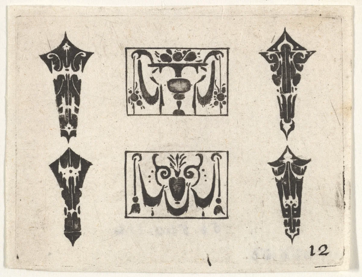 Blackwork Print with Two Horizontal Panels and Four Bezels by Claes Jansz Visscher, print, 1600-1620