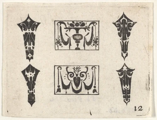 Blackwork Print with Two Horizontal Panels and Four Bezels by Claes Jansz Visscher, print, 1600-1620