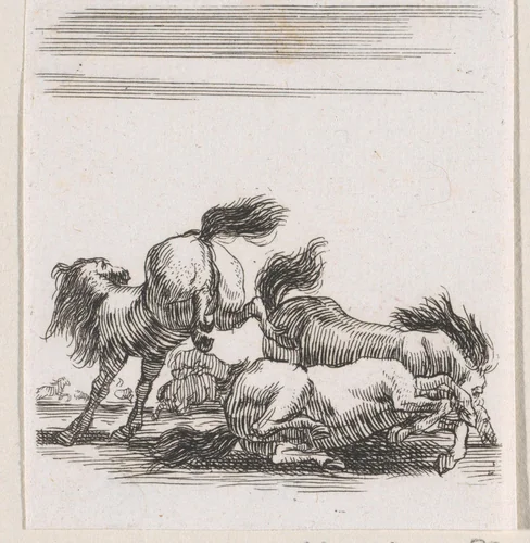 Vechtende paarden by anonymous, print, 1620-1664