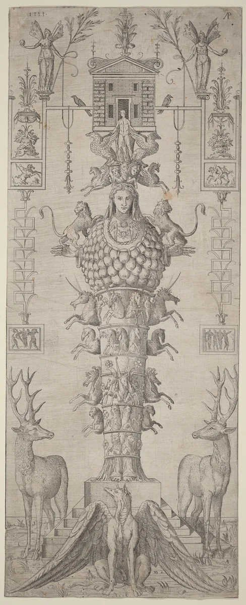 A Grotesque with Diana of Ephesus and Diverse Animals by Master AP, print, 1555