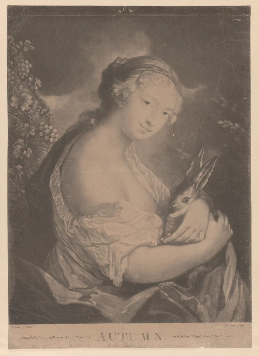 Autumn: a young woman holding a rabbit by Richard Houston, print, 1775