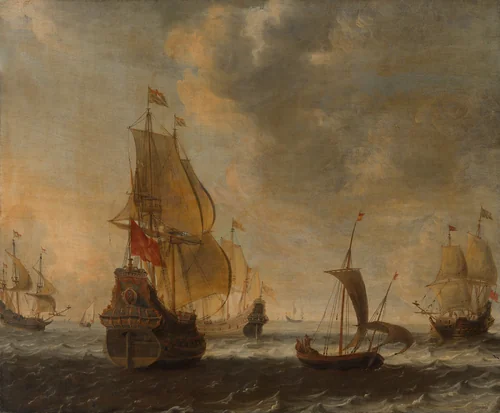Dutch Ships in a Lively Breeze by Anonymous Artist; Jacob Adriaensz Bellevois, painting, 1650-1659