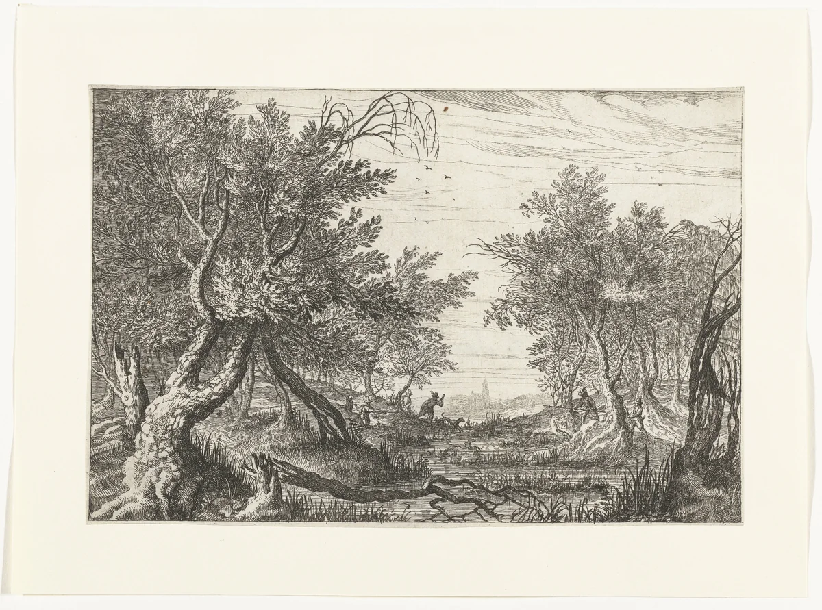 Hertenjacht in een moeras by anonymous, print, 1587-1639