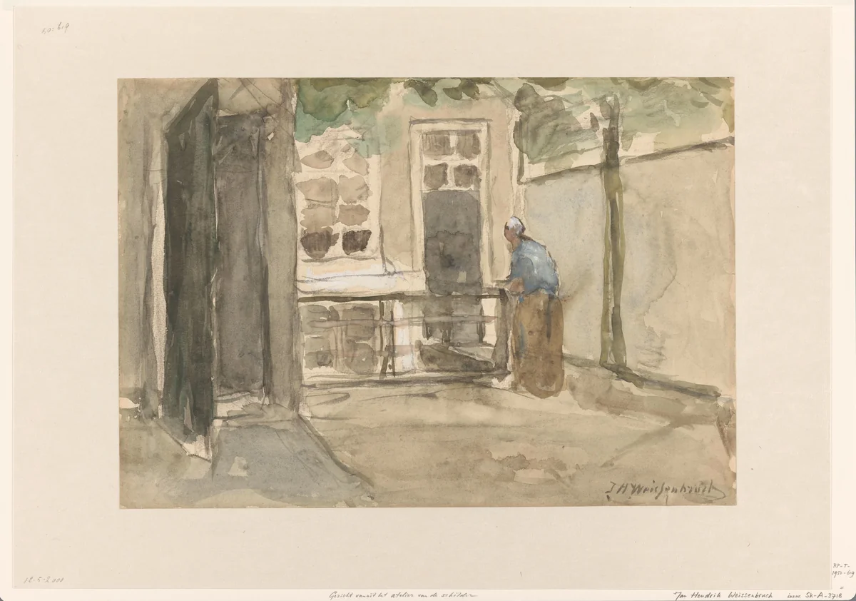 Gezicht op een binnenplaats vanuit het atelier van de kunstenaar in de Kazernestraat te Den Haag by Johan Hendrik Weissenbruch, drawing, 1834-1903