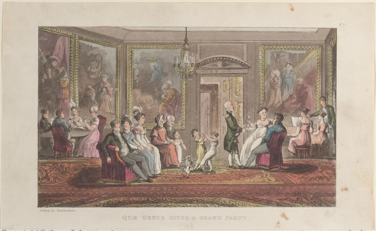 Quae Genus Gives a Grand Party by Thomas Rowlandson, print, 1822