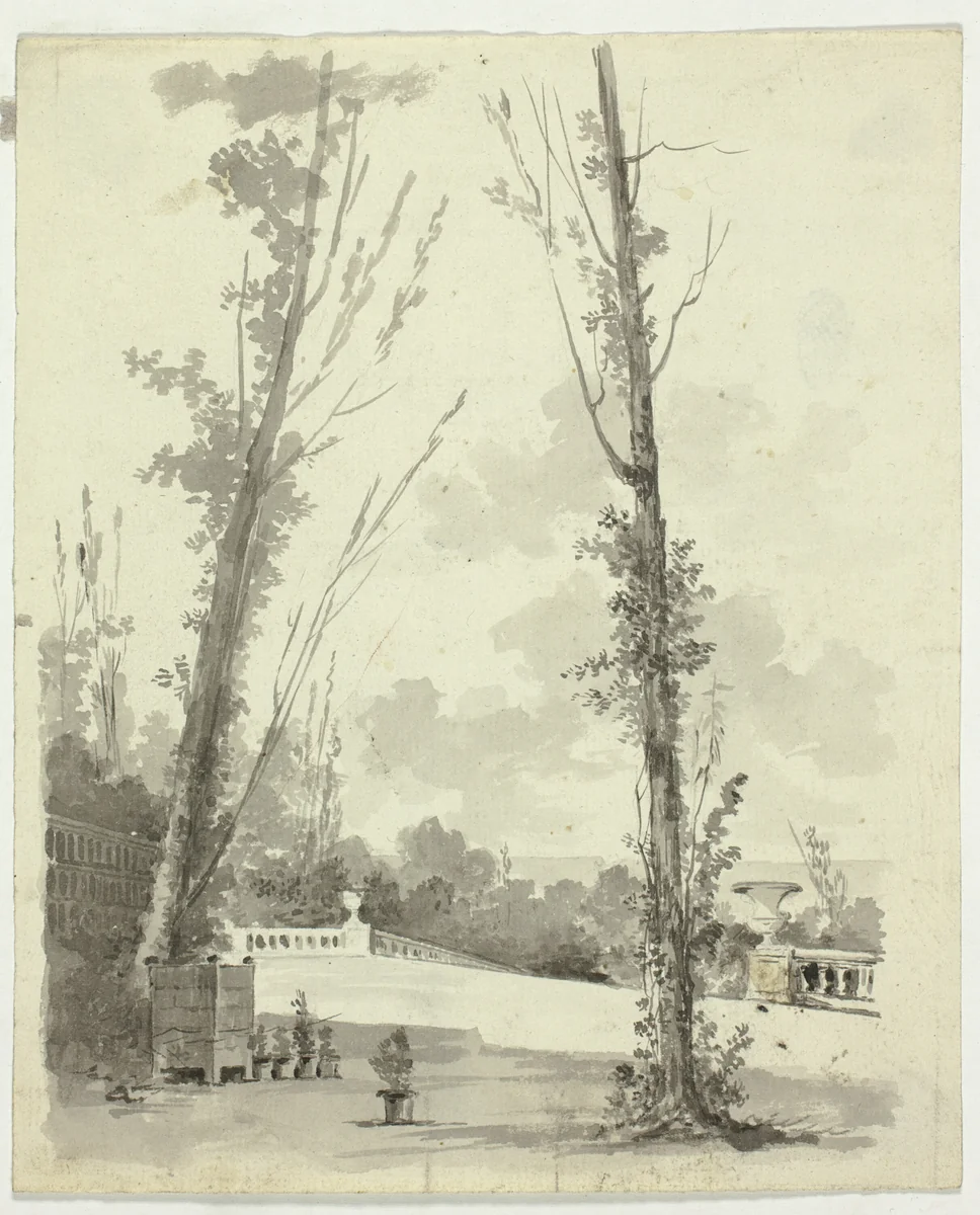 View of the Park at Versailles: Two Poplar Trees with Balustraded Walk in Background by Pierre Antoine Mongin, drawing, 1781-1827