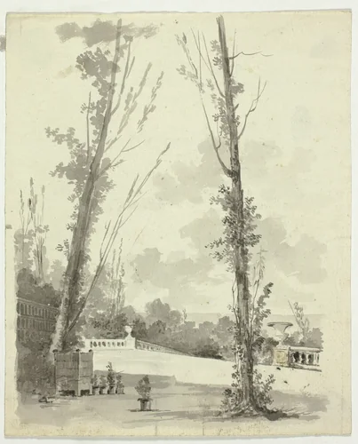 View of the Park at Versailles: Two Poplar Trees with Balustraded Walk in Background by Pierre Antoine Mongin, drawing, 1781-1827