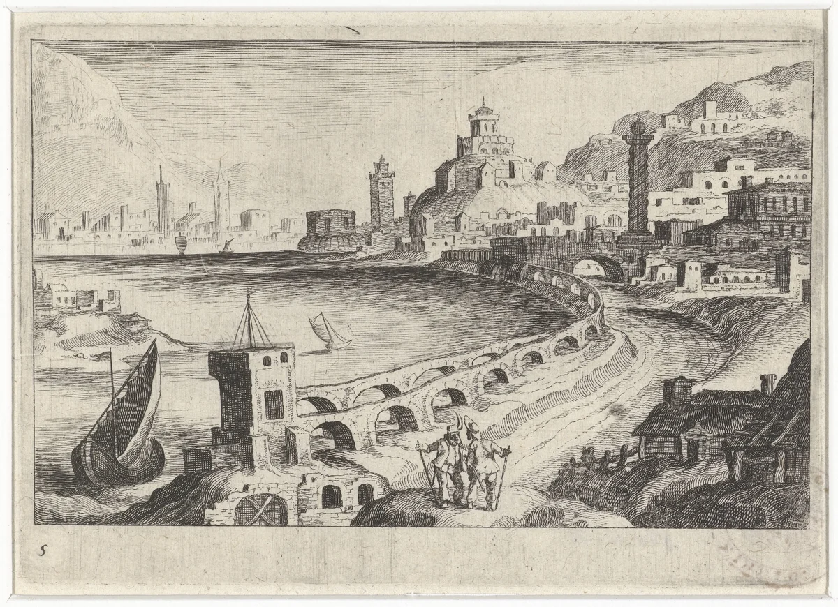 Stadsgezicht met een aquaduct by Simon Frisius, print, 1611