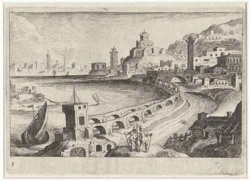 Stadsgezicht met een aquaduct by Simon Frisius, print, 1611