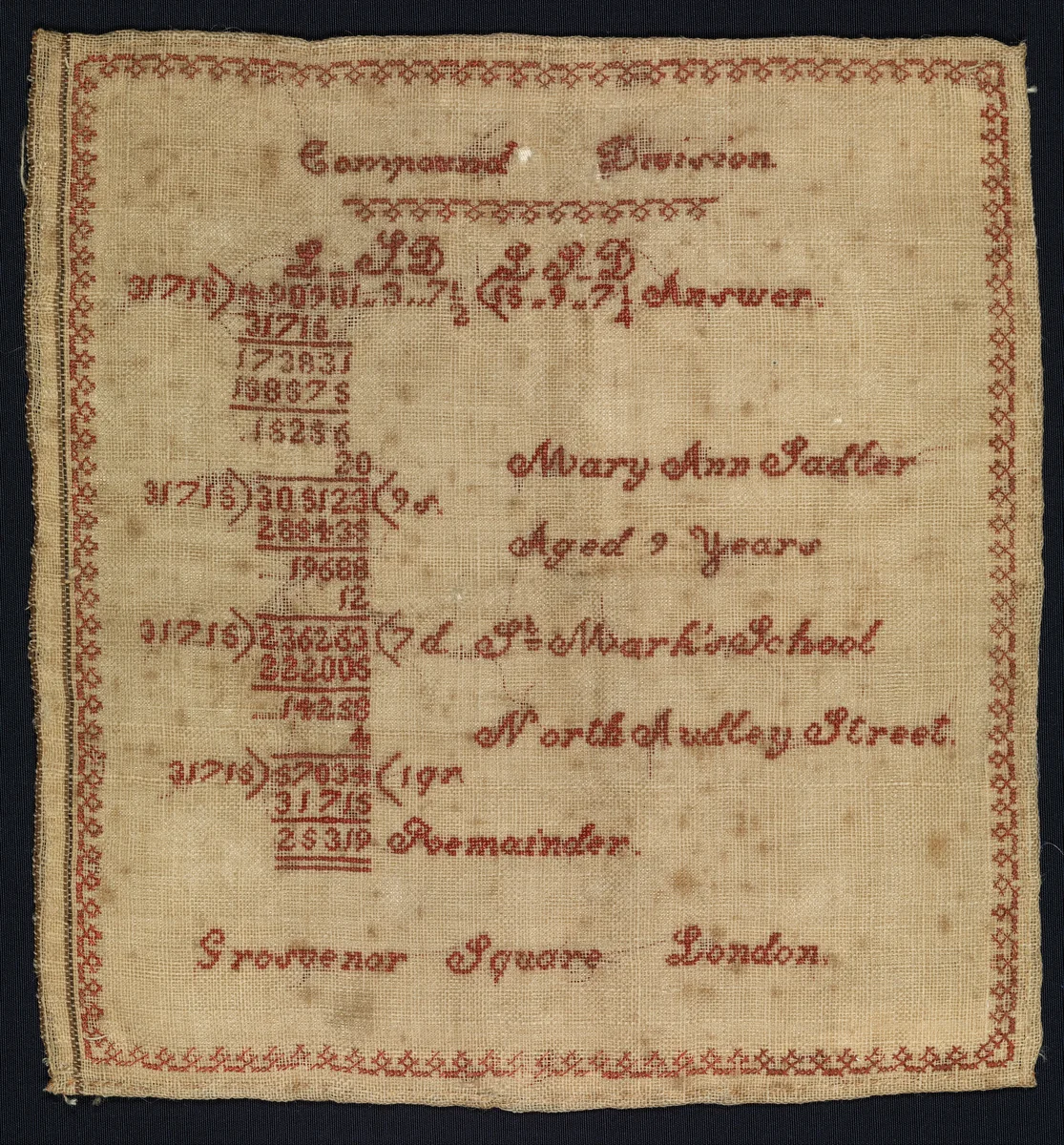 Sampler with compound division equation by Mary Ann Sadler, textile, 1840-1860