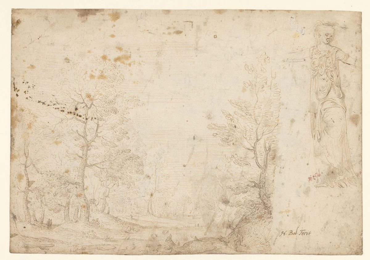 Weide en een standbeeld by Hans Bol, drawing, 1560