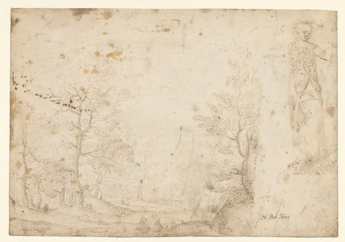 Weide en een standbeeld by Hans Bol, drawing, 1560