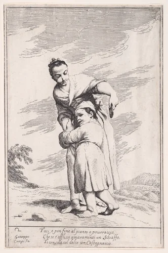 Plate 16: Menghina quiets Cacasenno with a chestnut cake, from "Bertoldo, Bertoldino, and Cacasenno" by Giuseppe Maria Crespi, print, 1705-1715