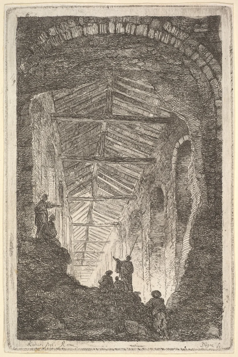 Plate 10: The Ancient Gallery: a large covered gallery, light entering from the background, six figures standing atop piles of rocks in the foreground, from "Les soirées de Rome" by Hubert Robert, print, 1763-1764