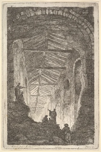 Plate 10: The Ancient Gallery: a large covered gallery, light entering from the background, six figures standing atop piles of rocks in the foreground, from "Les soirées de Rome" by Hubert Robert, print, 1763-1764