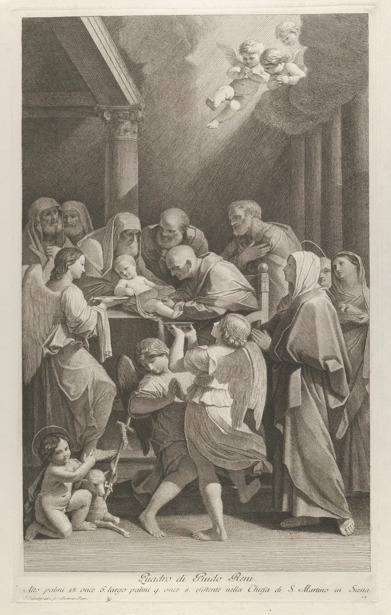 The circumcision of Christ, a group of men, women and angels surrounding him, the young Saint John the Baptist at lower left, after Reni by Giuliano Traballesi, print, 1755-1800