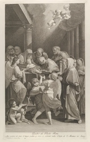 The circumcision of Christ, a group of men, women and angels surrounding him, the young Saint John the Baptist at lower left, after Reni by Giuliano Traballesi, print, 1755-1800